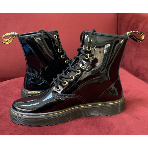 Doc Dr. Martens Womens Size 8 Airwair Combat Shiny Black Leather Boots ZAVALA - Picture 2 of 9